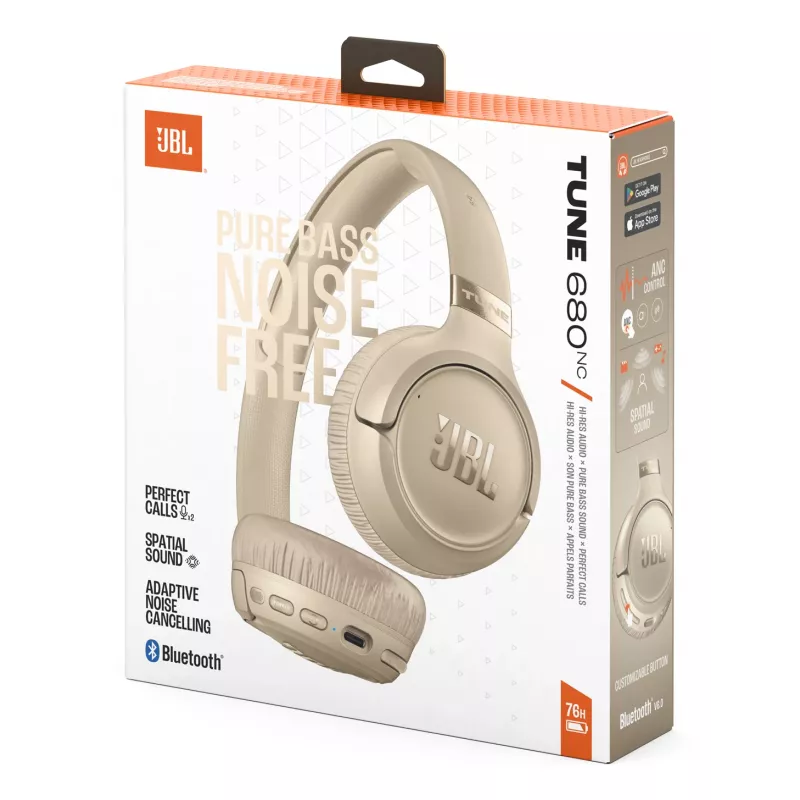 Ausinės JBL Tune 680NC, laidinės ir belaidės (Bluetooth, USB-C), antausinės, lankelis, smėlio spalvos, 20–20000 Hz, 161 g