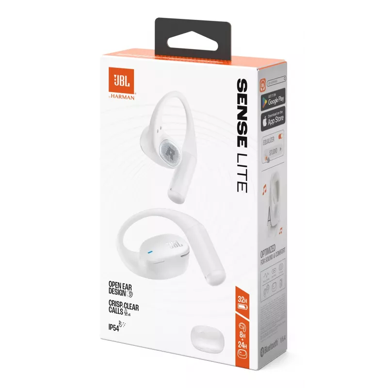 Ausinės JBL Sense Lite — belaidės Bluetooth ausų kilpa, intraauralinės, 20–20000 Hz, 83.5 g, baltos