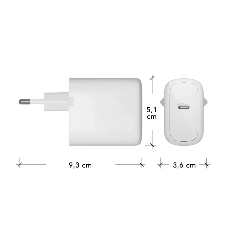 Sieninis USB-C įkroviklis 45W d bramante re-charge Pro — vidaus AC, 110–240V, baltas