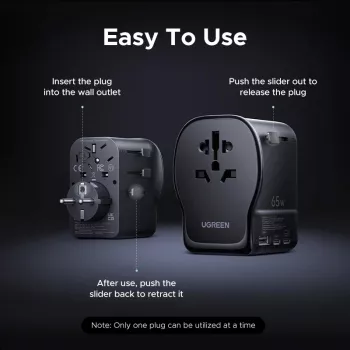 UGREEN 55001 mobiliojo įrenginio kroviklis su 2× USB-C, 100–240 V, greitas krovimas, juoda/pilka