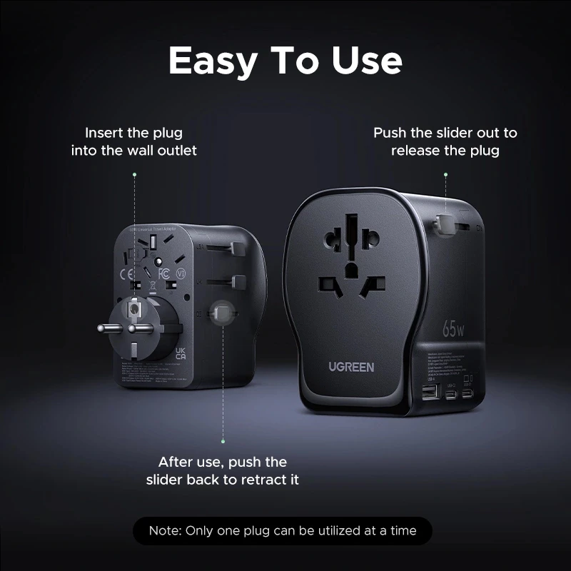 UGREEN S550 65W universalus kelioninis adapteris, 2x USB-C + USB-A, 55001