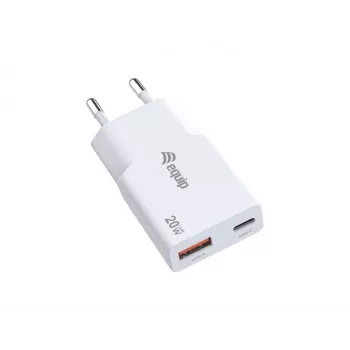 EQUIP 2 prievadų 20W GaN plonas USB PD įkroviklis – USB-C x1, USB-A x1, įėjimas 100–240V, maks. išėjimas 12V, baltas
