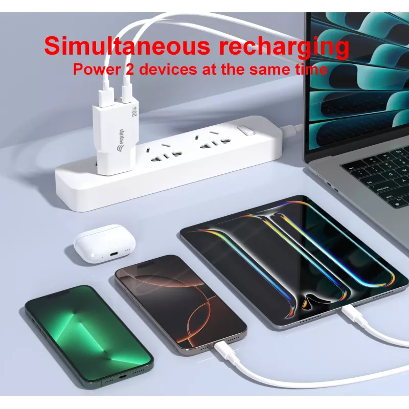 EQUIP 2 prievadų 20W GaN plonas USB PD įkroviklis – USB-C x1, USB-A x1, įėjimas 100–240V, maks. išėjimas 12V, baltas
