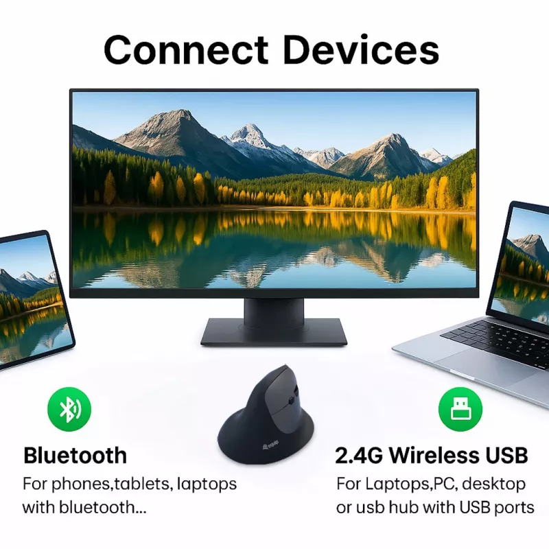 EQUIP ergonominė vertikali belaidė pelė dešinei rankai 1600 DPI, RF + Bluetooth, įkraunama, 6 mygtukai, juoda