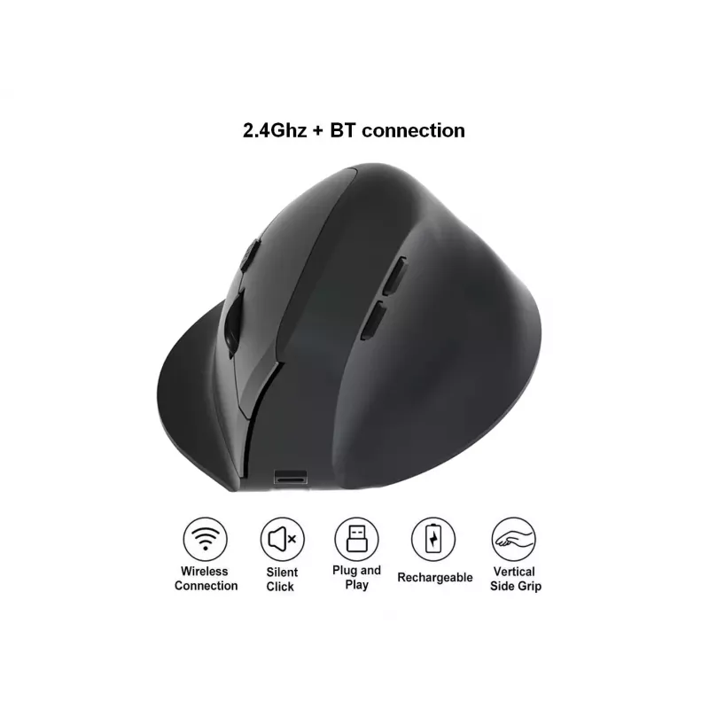 EQUIP ergonominė vertikali belaidė pelė dešinei rankai 1600 DPI, RF + Bluetooth, įkraunama, 6 mygtukai, juoda