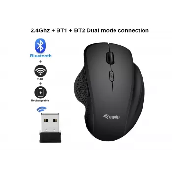 EQUIP 6 mygtukų dviejų režimų belaidė įkraunama pelė – dešinei rankai, optinė 1600 DPI, RF Wireless + Bluetooth, juoda