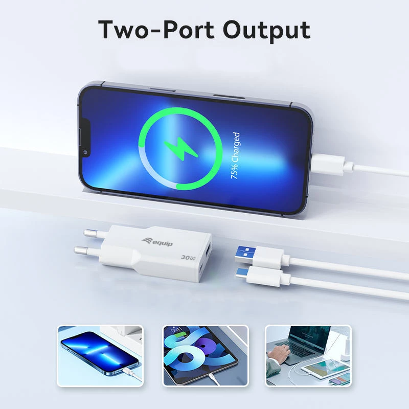 EQUIP 2 prievadų 30W GaN plonas USB PD įkroviklis — USB-C x1, USB-A x1, 100–240V įvadas, max 20V išvadas, baltas