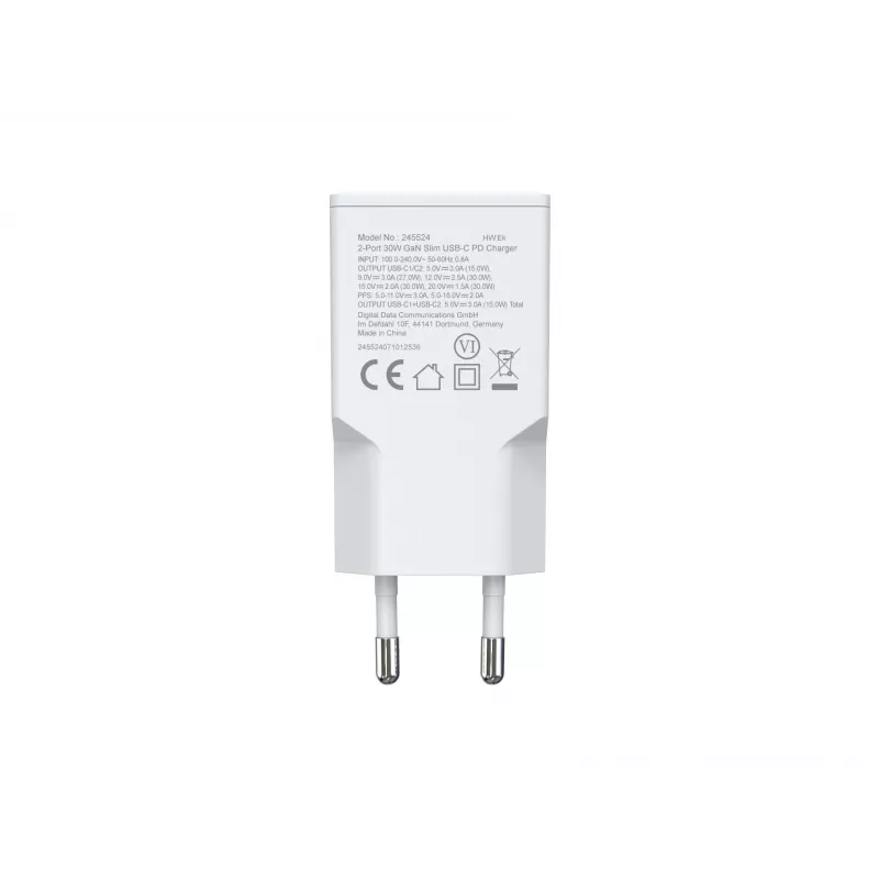 EQUIP 2-Port 30W GaN Slim USB-C PD Įkroviklis — 2 USB-C prievadai, 100–240V įėjimas, max 20V išėjimas, baltas