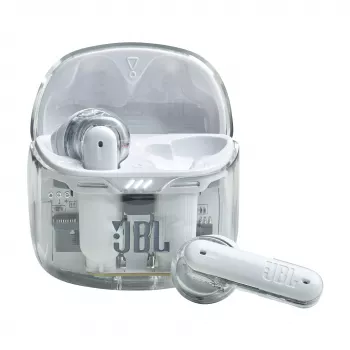 JBL Tune Flex Ghost Edition belaidės ausinės TWS į ausį skambučiams/muzikai Bluetooth permatomos, baltos