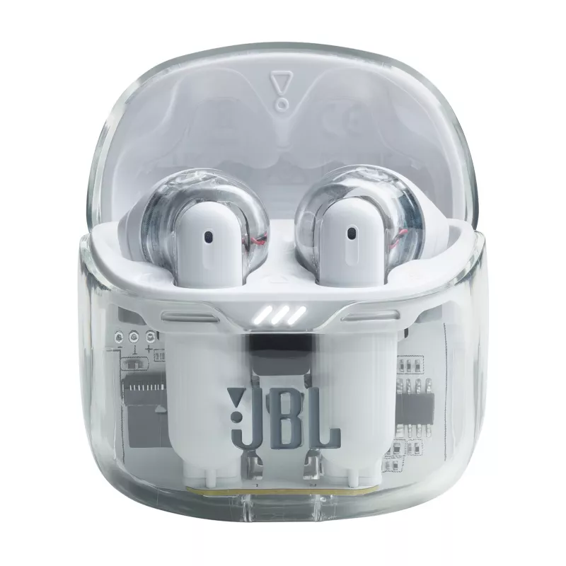 JBL Tune Flex Ghost Edition belaidės ausinės TWS į ausį skambučiams/muzikai Bluetooth permatomos, baltos