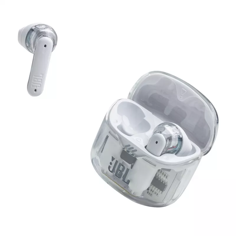 JBL Tune Flex Ghost Edition belaidės ausinės TWS į ausį skambučiams/muzikai Bluetooth permatomos, baltos