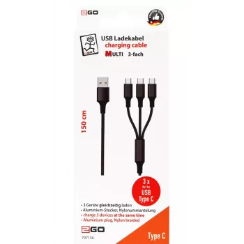 USB kabelis 2GO 797156 1,5 m USB B 3 x USB C juodas