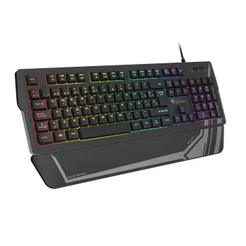 Žaidimų klaviatūra GENESIS Rhod 350 RGB — pilno dydžio 104 klavišų USB QWERTY ispaniška, juoda, RGB apšvietimas, riešo atrama