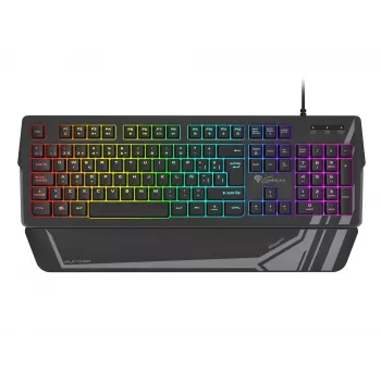 Žaidimų klaviatūra GENESIS Rhod 350 RGB — pilno dydžio 104 klavišų USB QWERTY ispaniška, juoda, RGB apšvietimas, riešo atrama