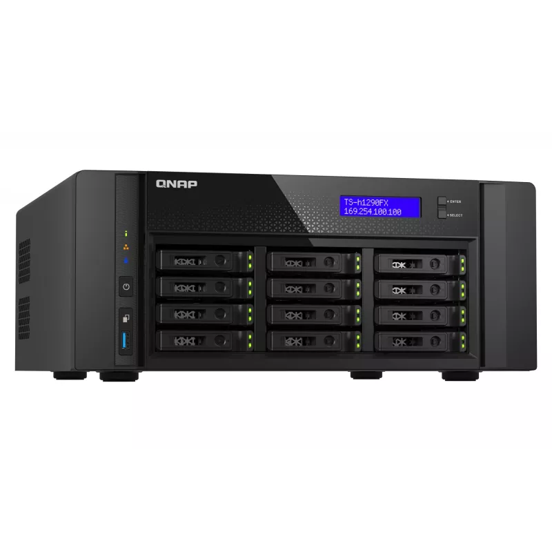NAS bokštinis QNAP TS-h1290FX — EPYC 7302P 3.0 GHz, 128 GB DDR4, 12 lizdų, QuTS hero, juodas
