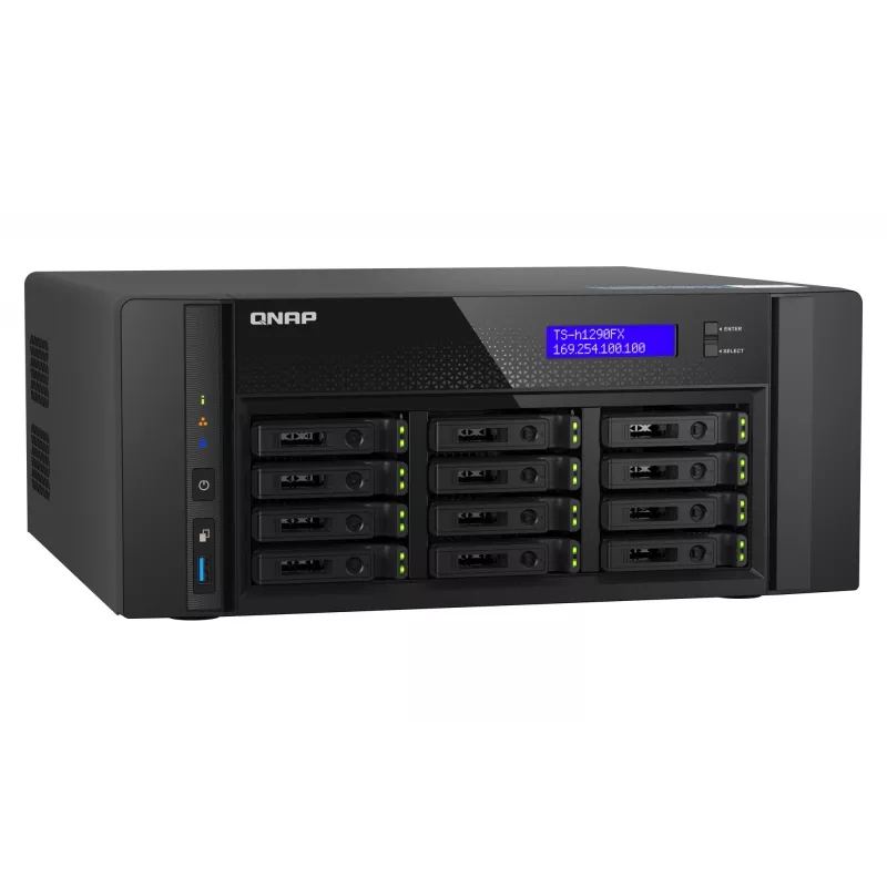NAS bokštinis QNAP TS-h1290FX — EPYC 7302P 3.0 GHz, 128 GB DDR4, 12 lizdų, QuTS hero, juodas
