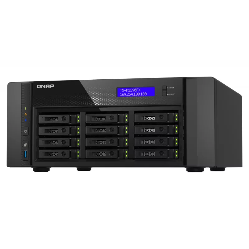 NAS bokštinis QNAP TS-h1290FX — EPYC 7302P 3.0 GHz, 128 GB DDR4, 12 lizdų, QuTS hero, juodas