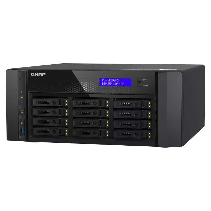 NAS bokštinis QNAP TS-h1290FX — EPYC 7302P 3.0 GHz, 128 GB DDR4, 12 lizdų, QuTS hero, juodas