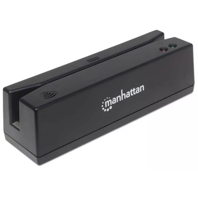 Manhattan USB-A magnetinės juostos kortelių skaitytuvas, trijų takelių skaitytuvas, klaviatūros wedge dekoderis, kabelis 1,5 m, juodas, trejų metų garantija