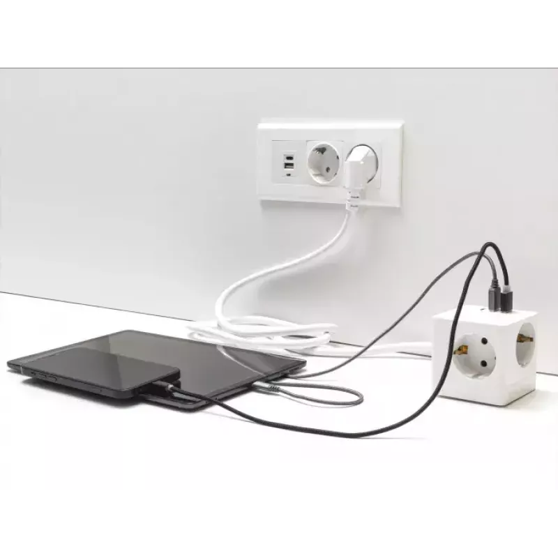 DeLOCK 11497 3 krypčių kištukinių lizdų kubas su 1,5 m ilginimo kabeliu, USB įkrovikliu, apsauga nuo vaikų, baltas