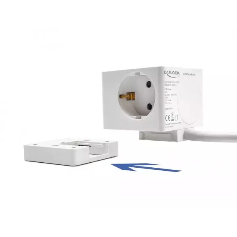 DeLOCK 11497 3 krypčių kištukinių lizdų kubas su 1,5 m ilginimo kabeliu, USB įkrovikliu, apsauga nuo vaikų, baltas