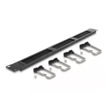 Kabelių valdymo panelė DeLOCK 19 inch šepečių juosta su 4 metaliniais kabliukais, juoda
