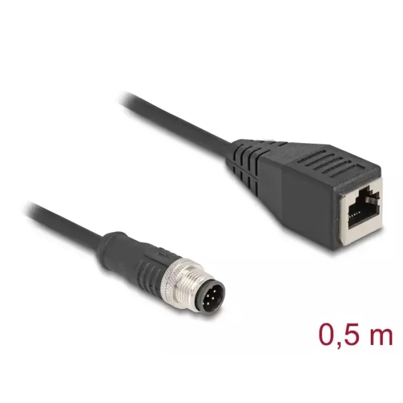 Tinklo kabelis DeLOCK M12 A-koduotas 8 kontaktų vyriškas į RJ45 moterišką Cat5e 0,5 m juodas