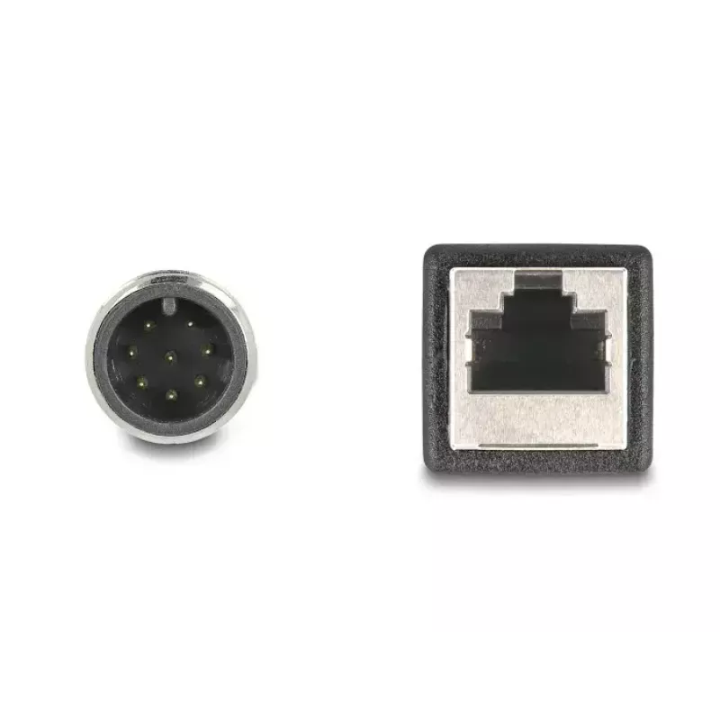 Tinklo kabelis DeLOCK M12 A-koduotas 8 kontaktų vyriškas į RJ45 moterišką Cat5e 0,5 m juodas