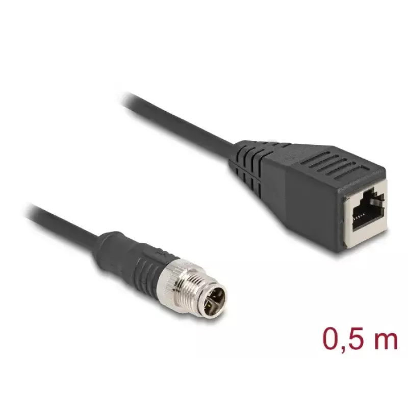 DeLOCK M12 X-koduotas 8 kontaktų vyriškas į RJ45 lizdą Cat5e 0,5 m juodas tinklo kabelis