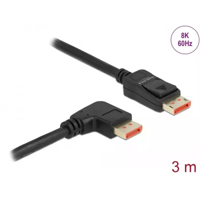 DisplayPort kabelis DeLOCK 8K 60 Hz 3 m tiesus vyriškas į 90° kampu lenktą vyrišką
