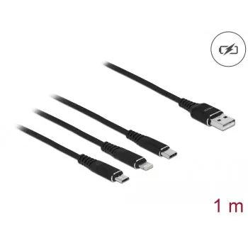 USB įkrovimo laidas DeLOCK 3 in 1 Type-A – Lightning / Micro USB / USB Type-C 1 m juodas