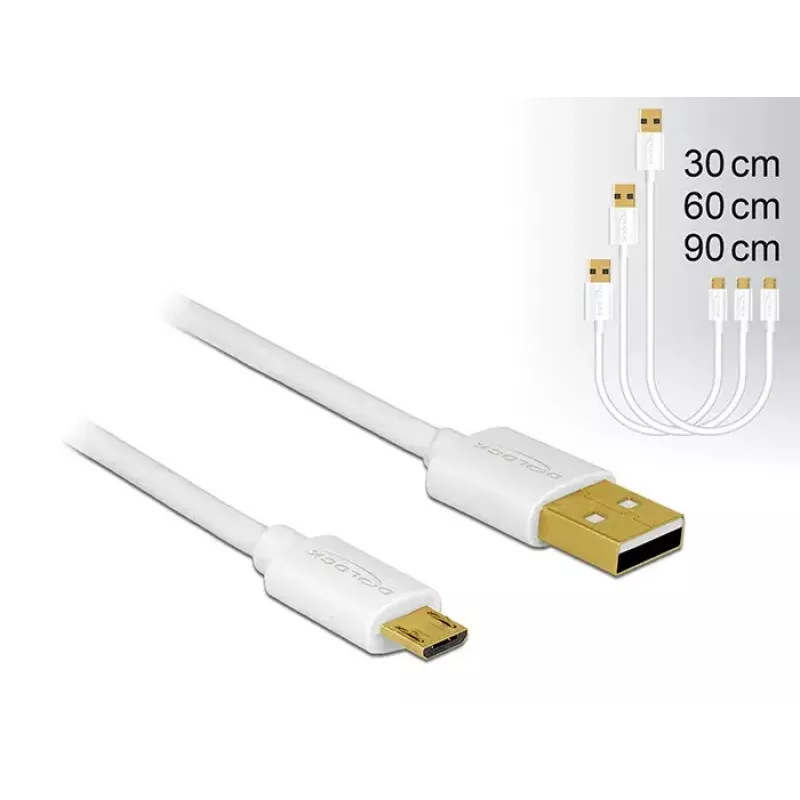 Delock USB 2.0 Type-A – Micro-B duomenų ir įkrovimo kabelių rinkinys, 3 dalių, baltas