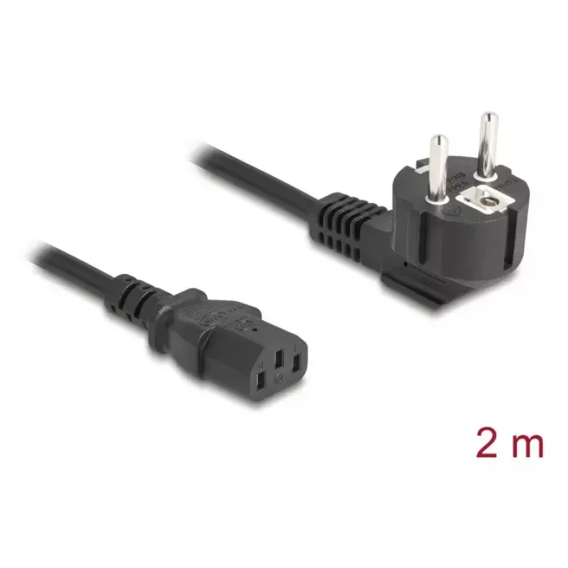 Maitinimo laidas PC DELOCK 81326 — įžemintas CEE 7/7 (90°) į IEC C13, 2 m, 3×0,75 mm², juodas