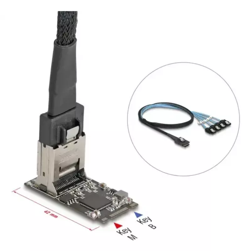 DELOCK vidinė M.2 į Mini‑SAS adapterio kortelė 64260, M.2 pagrindinė, Mini‑SAS išvestis, JMicron JMB585, juoda, LED