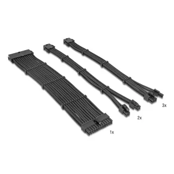 DELOCK PSU ilginimo kabelių rinkinys 30 cm, 6 dalių, apvynioti (1×24 kontaktų ATX, 2×4+4 kontaktų EPS, 3×6+2 kontaktų PCIe) juodi