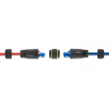 Adapteris jungtis DELOCK RJ45 lizdas į RJ45 lizdą su M23 sriegiu, Cat.6a/Cat.7, IP68, juodas