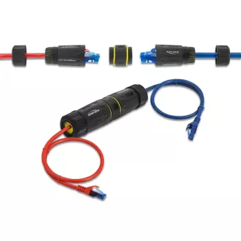 Adapteris jungtis DELOCK RJ45 lizdas į RJ45 lizdą su M23 sriegiu, Cat.6a/Cat.7, IP68, juodas