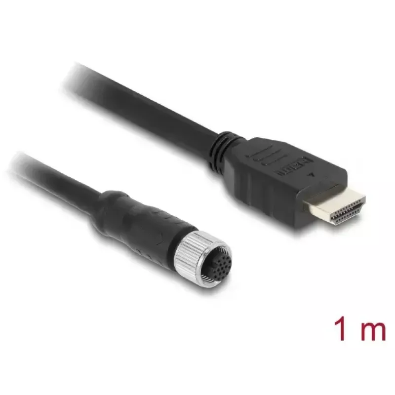 DELOCK M12 A-koduotas 17 kontaktų (moteriškas) – HDMI (vyriškas) laidas, 1 m, juodas