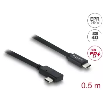 DELOCK koaksialinis USB4 Gen 3x2 laidas, lenktas kairėn/dešinėn USB-C į USB-C, 40 Gbps, USB PD 3.1, 240 W, 0,5 m
