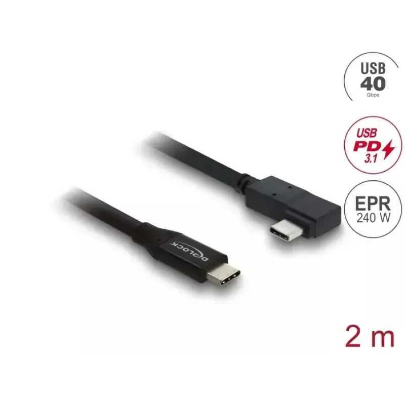 DELOCK koaksialinis USB4 Gen 3x2 40 Gbps USB-C į USB-C kampuotas kairėn/dešinėn PD 3.1 240W 2 m laidas
