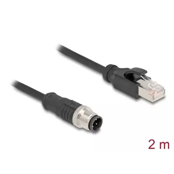 Tinklo kabelis DeLOCK M12 D-koduotas 4 kontaktų vyriškas į RJ45 vyrišką Cat5e 2 m juodas
