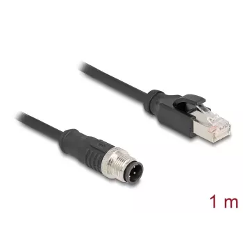 Tinklo kabelis DeLOCK M12 D koduotas 4 kontaktų kištukas į RJ45 kištuką Cat5e 1 m juodas