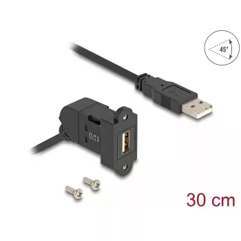 DeLOCK USB 2.0 Type-A skydelio montavimo adapteris, moteriška 45° kampu, 30 cm juodas