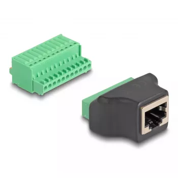 DeLOCK RJ50 (moteriška) į gnybtų bloką adapteris su mygtukais, 11 kontaktų gnybtų blokas