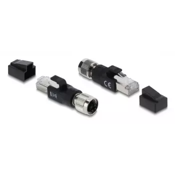Adapteris M12 X-koduotas 8 kontaktų moteriškas į RJ45 kištuką, DELOCK 90834, paauksuoti kontaktai, juoda