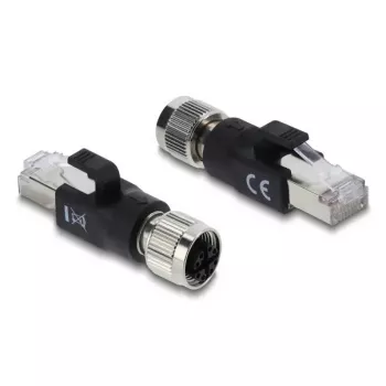 Adapteris M12 X-koduotas 8 kontaktų moteriškas į RJ45 kištuką, DELOCK 90834, paauksuoti kontaktai, juoda