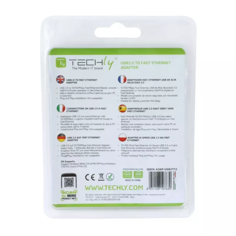 Techly USB2.0 į Fast Ethernet 10/100 Mbps keitiklis, laidinis, USB, Ethernet, 100 Mbit/s, baltas