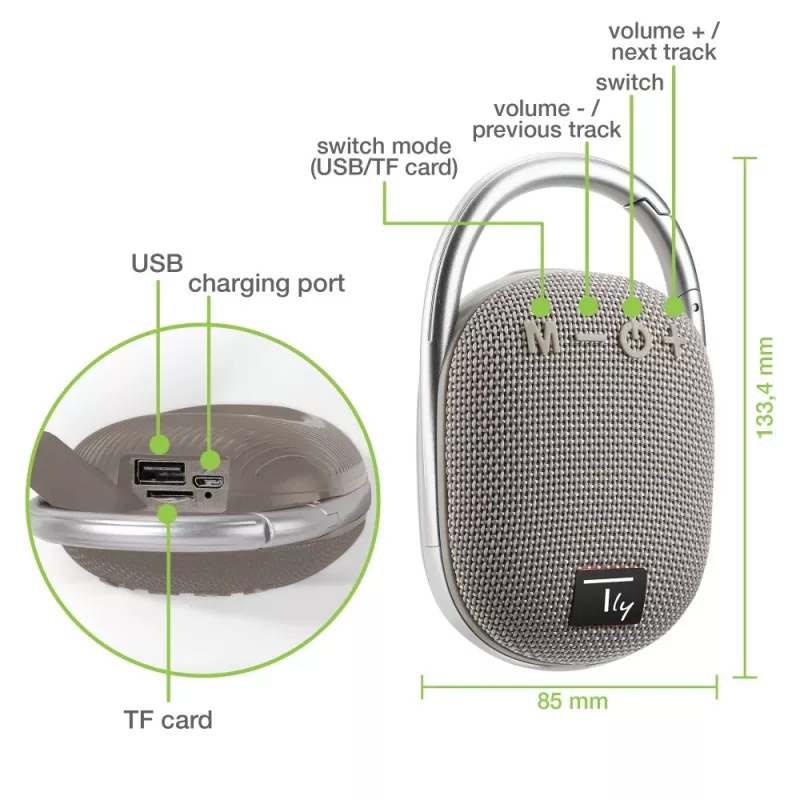 Techly ICASBL321GR Nešiojamas vieno kanalo garsiakalbis Pilka 5 W