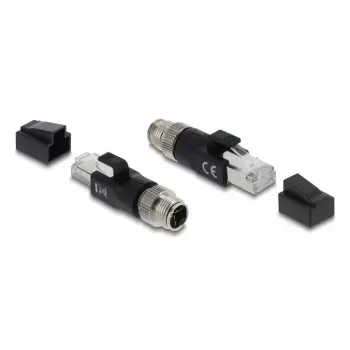 Adapteris DELOCK M12 X-koduotas 8 kontaktų kištukas į RJ45 lizdą, auksuoti kontaktai, juodas