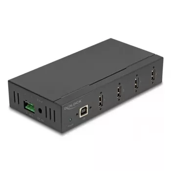 DELOCK USB 2.0 sąsajos šakotuvas Type-B į 4x USB 2.0 Type-A (480 Mbit/s), juodas metalinis korpusas, maitinimas nuolatinės srovės